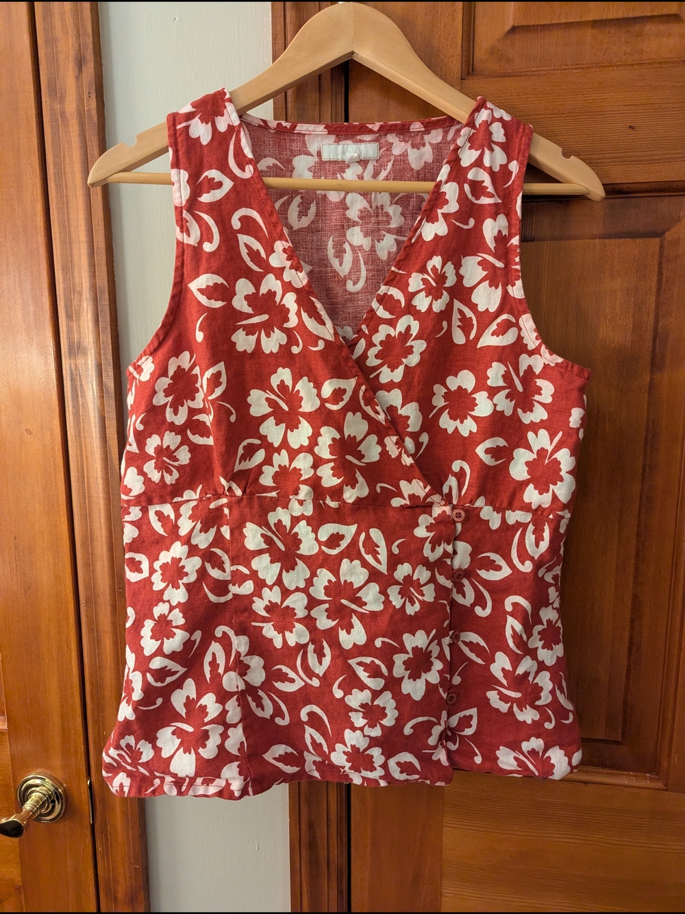 💯 Linen Sleeveless Red Floral Wrap-Style Blouse Size L